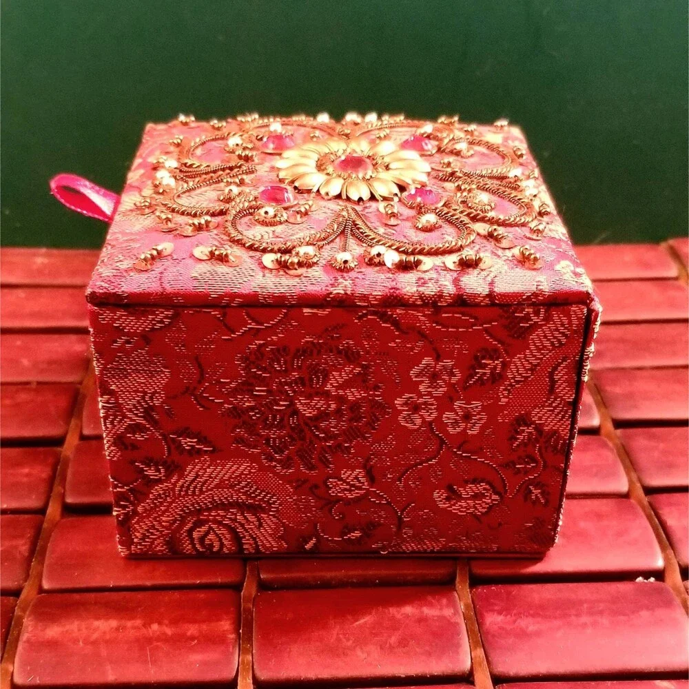 Jeweled & Embellished Red Silk Brocade Jewelry Trinket Box 4
